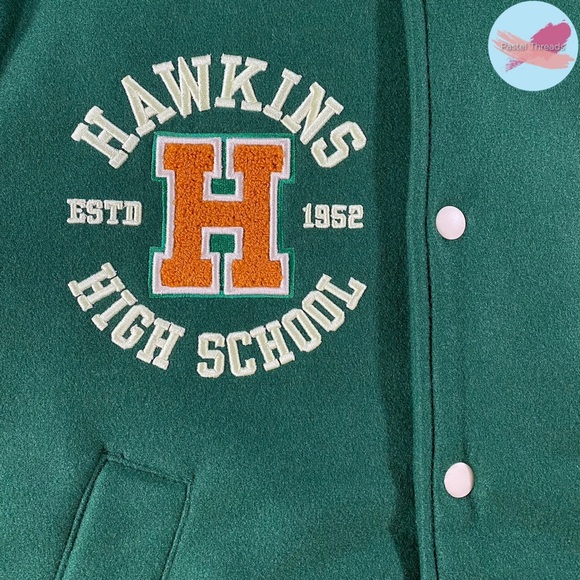 NWOT Ltd. Ed. H&M, Green, Stranger Things Hawkins High Tigers Letterman Jacket - Picture 10 of 13